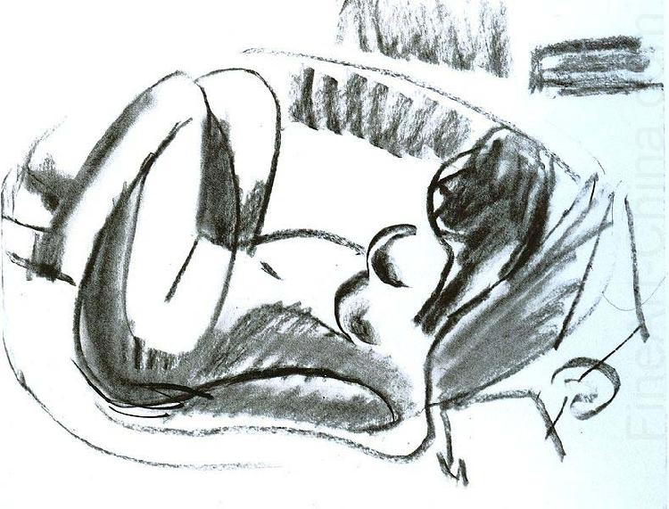 Ernst Ludwig Kirchner Reclining nude in a bathtub with pulled on legs - black chalk